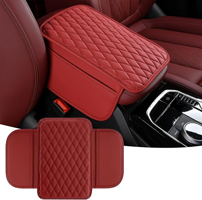 Car Center Console Cover, Upgraded Microfiber Car Armrest Cover Cushion, with 2 Storage Bags Scratch, Resistant Leather Cars Armrest Storage Box Universal Vehicles Accessories (Red)