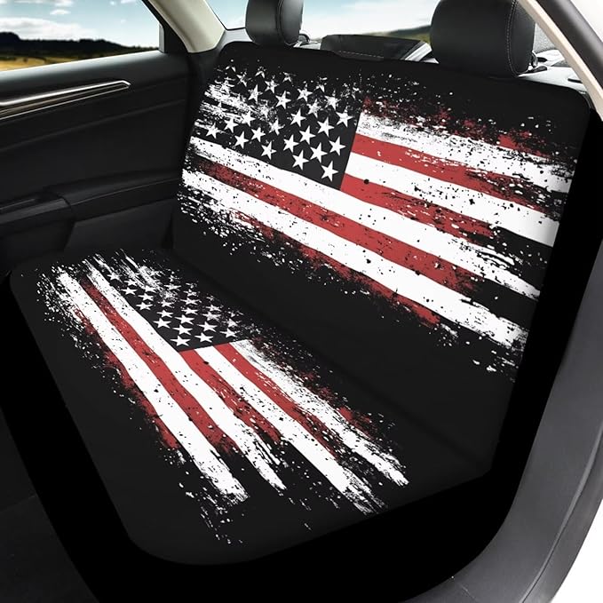 KEIAHUAN 4th of July Car Seat Cover Full Set American Flag Patriotic Breathable Car Front Seat Cover and Rear Bench Cover Set of 4