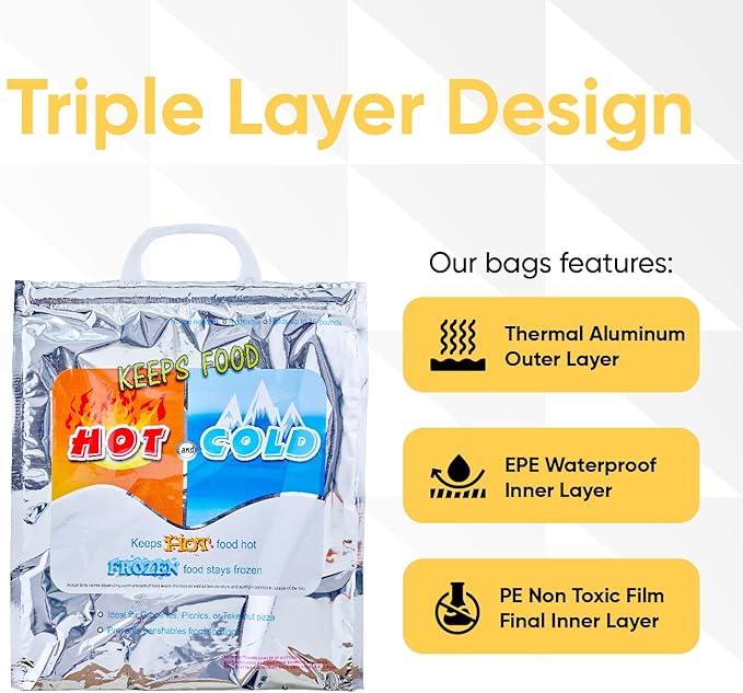 Superio Hot and Cold Insulated Bags for Food Delivery, Grocery Shopping Bags, Food Storage for Hot and Frozen Food for Travel, Disposable Cooler Bag, Reinforced Thermal Lunch Bag (24, 13"x7"x15.5")