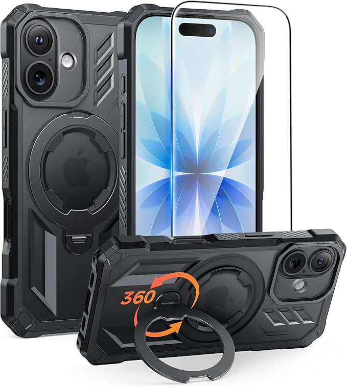 FNTCASE for iPhone 17 Phone Case: [360 Spin Magnetic Ring Kickstand] [Compatible for MagSafe] [Screen Protector] Heavy Duty Military Grade Protection Protective Phone Case with Stand Black