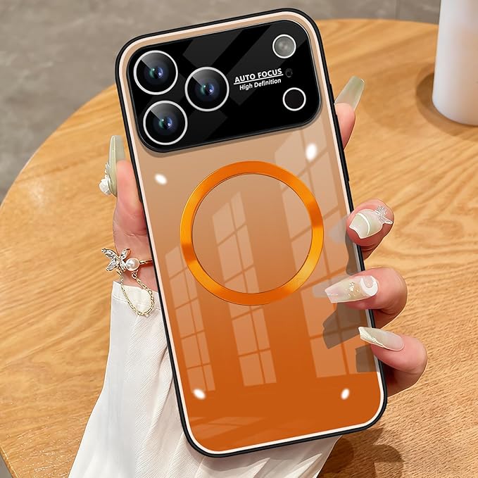 Guppy Compatible with iPhone 17 Pro Max Magnetic Case, with Full Camera Lens Protector [Compatible with MagSafe] Scratch Resistant Gradient Glass Back Cover Phone Case-Orange