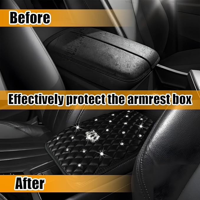 Mandark Bling Car Center Console Cover, Rhinestones Crown Vehicle Armrest Seat Box Mat Pad, Diamond Automotive Interior Arm Rest Cushion Protector Decor Accessories, Universal Fit(Black)