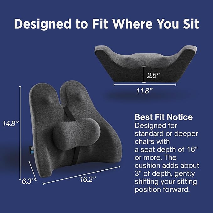 Lumbar Support Pillow for Office Chair - Lower Back Pain Relief Cushion with Adjustable SpineAlign™ Bolster, Memory Foam Pillow for Car, Couch, Gaming Seats - Dual Straps, Dark Grey