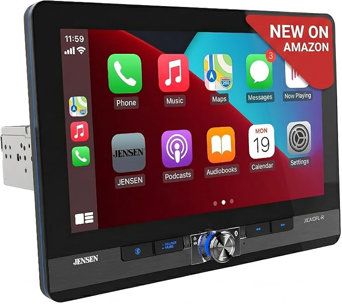 JENSEN J1CA10FL-R 10.1-inch Certified Apple CarPlay Android Auto Wired Wireless | LED Illuminated Light Ring | Single DIN & Double DIN Touchscreen Car Stereo | Bluetooth | Front & Rear Camera Inputs