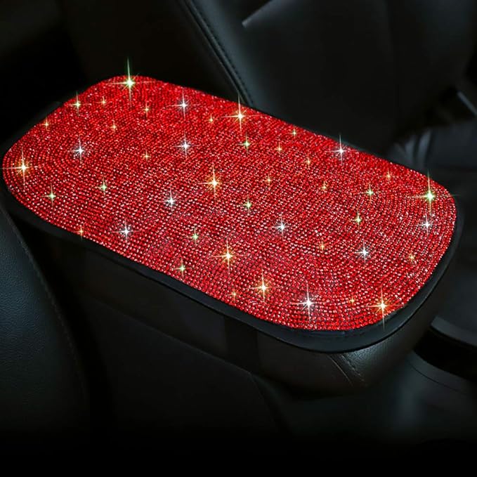 OTOSTAR Bling Bling Car Armrest Cover Luster Crystal Car Center Console Cover Protector Universal Auto Arm Rest Cushion Pads Car Interior Decor Accessories (Red)