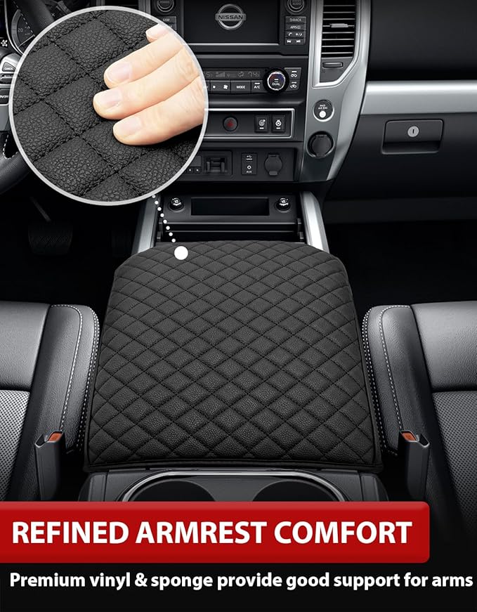 KBH Center Console Armrest Cover for Nissan Titan 2016-2024, Vinyl Leather Car Middle Console Lid Protector Arm Rest Cushion, Anti-Scratch, Black (ONLY for Bucket Seat Console)