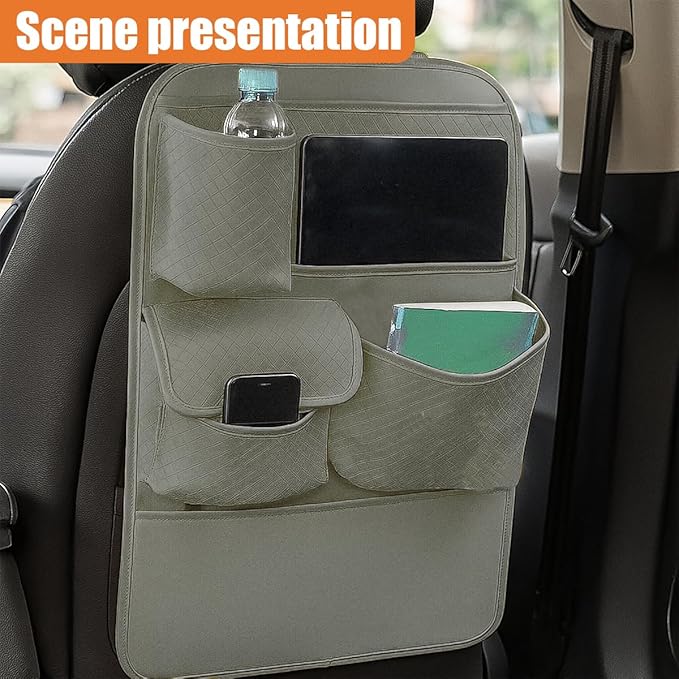 Car Backseat Organizer, Leather Auto Seat Back Kick Mats Protector, Multi-Pocket Car Rear Seat Hanging Storage Bag with Tissue Holder, Travel Accessories for Most Cars SUV Truck(Gray)