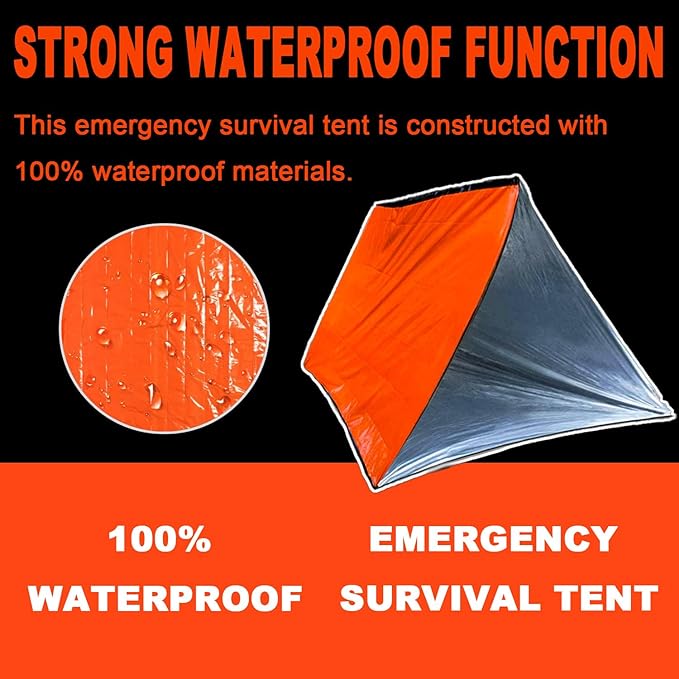 Emergency 2-Person Orange & Gray Survival Tent with Whistle & Paracord, Storm & Tornado Shelter, Tactical for Camping & Survival Kit