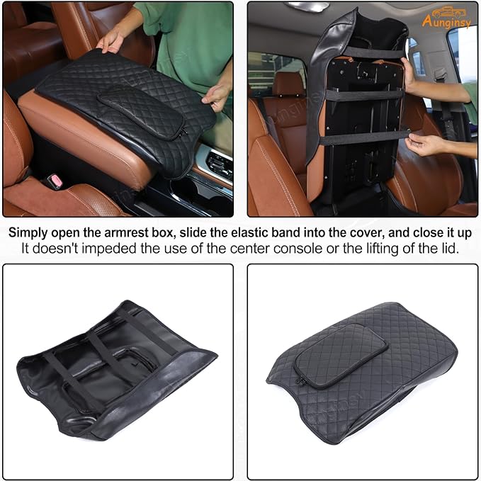 Aunginsy Leather Center Console Armrest Cover Compatible with Toyota Tundra 2014-2021, Car Middle Console Cushion Lid Pad Scratch Protector, Armrest Seat Box Cover with Pocket Storage Bag Accessories