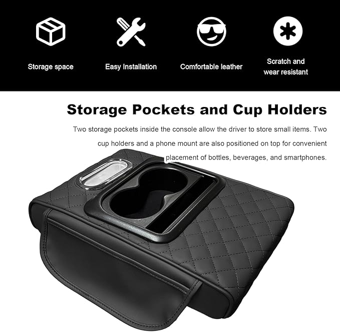 Car Center Console Armrest Pillow, Multifunctional Armrest Box Cover with Cup Phone Tissue Holder & Side Pockets, Waterproof Leather Middle Console Cushion for Most Vehicles (Black, Embroidered)