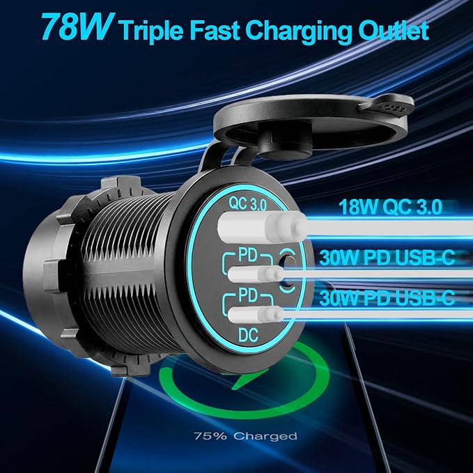 12v usb charger, PD 20W USB-C Power Socket and 18W QC3.0 Socket Waterproof Power Outlet 12V/24V with Power Switch 12V USB C Outlet for Car Golf Cart Boat Marine Bus Truck RV Marine Motorcycle etc.