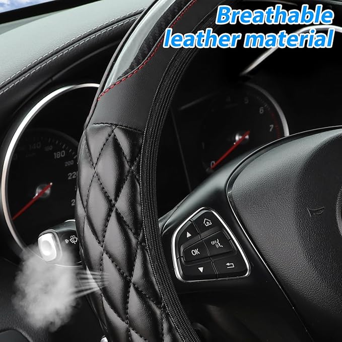 Carbon Fiber Car Steering Wheel Cover, Leather Breathable Non-Slip 14.5-15 Inch Vehicle Steering Wheel Protector, Auto Interior Protection Accessories, Universal for SUV Sedan Truck(Black)