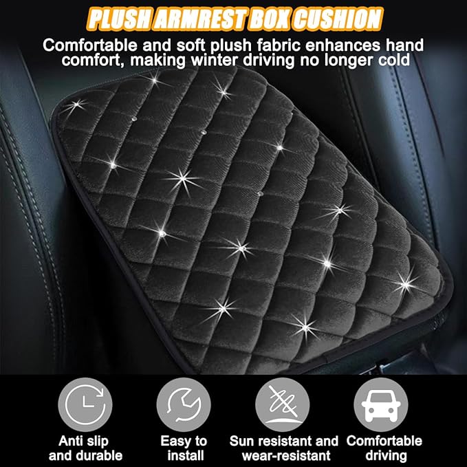 Mandark Bling Car Center Console Cover, Crystal Rhinestone Fluffy Automotive Armrest Seat Box Cushion Pad, Soft Comfortable Diamond Arm Rest Protection Mat, Universal Vehicle Accessories (Black)