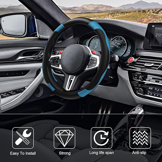 15" Car Steering Wheel Cover, Carbon Fiber Leather Stitching Elastic Steering Wheel Protector, Anti-Slip/Breathable/Durable/Soft, Interior Accessories for Most Cars (Carbon Fiber Black+Blue)