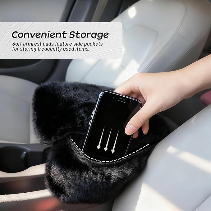 Fluffy Car Armrest Cover with Side Pockets – Plush Fuzzy Fur Center Console Armrest Cushion Pad, Universal Winter Car Interior Protector, Soft Arm Rest Cover with Storage for Women & Men (BLACK)
