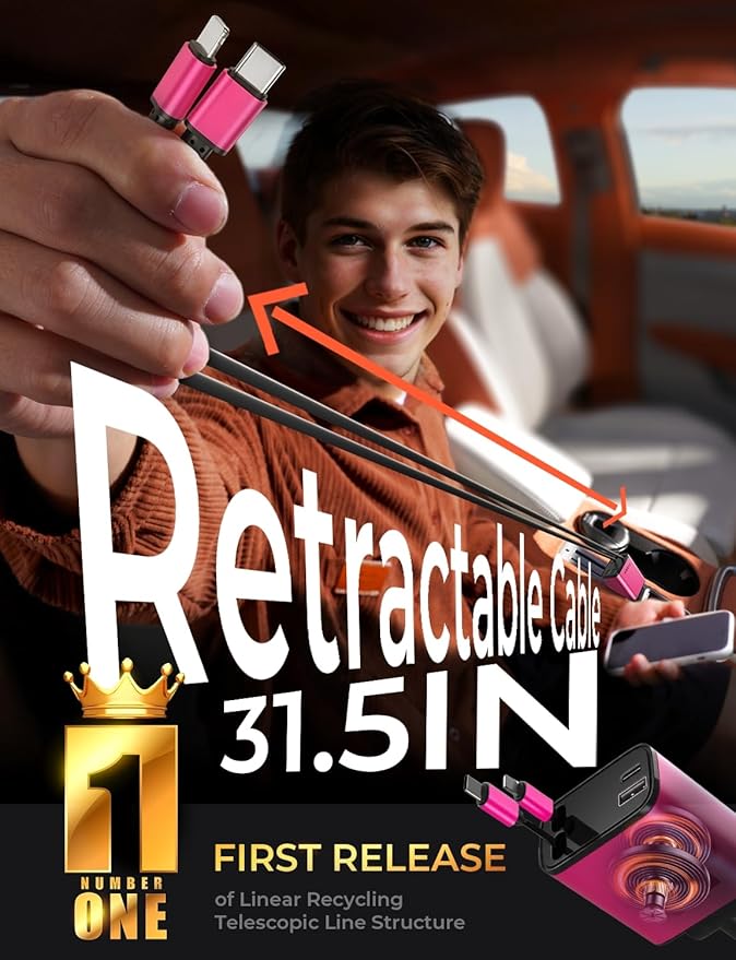 LISEN Retractable Car Charger 4 in 1, Fast Car Phone Charger with Cord 31.5inch, USB C and Apple Cars Adapter, Pink Accessories for Cute Women fit for iPhone 17 16 15 14 13 12 11 X, Samsung S26 S25