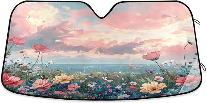 xigua Wildflowers Car Windshield Sunshade Foldable Front Window Sun Visor Protector for Car,SUV,Truck - Keep Vehicle Cool,55 x 27.6 Inch