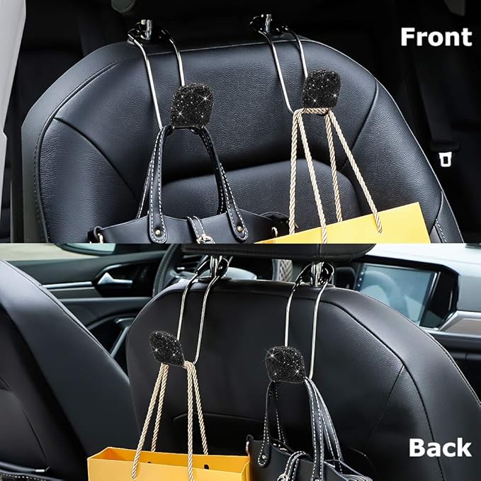 SAVORI Car Headrest Hooks Bling Car Accessories Rhinestones Universal Auto Back Seat Headrest Metal Hanger Organizer Vehicle Holder for Bag Purse Clothes Grocery 2PCS (Black)