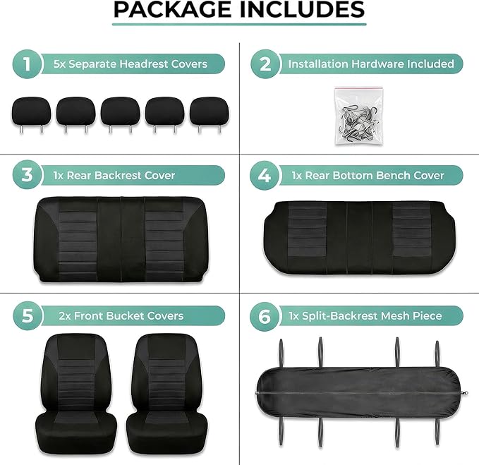 FH Group Automotive Car Seat Covers Full Set Premium 3D Air Mesh Front Seat Covers, Airbag Compatible & Split Bench Cover Universal Fit Interior Accessories for Cars Trucks and SUVs - Black