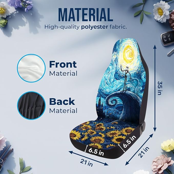 GENANY Nightmare Skeleton Car Seat Covers Set of 2, Starry Night Breathable Front Seat Covers for Truck Sedan SUV, Spooky Car Accessories, Spooky Gift for Women Men