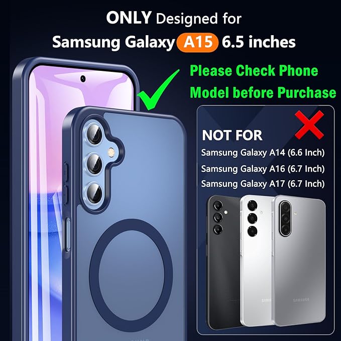 OWKEY for Samsung Galaxy A15 5G Phone Case with Screen Protector & Stand, Magnetic Case for Magsafe Military-Grade Protection Shockproof Matte Cover for Samsung Galaxy A15 5G (Blue)