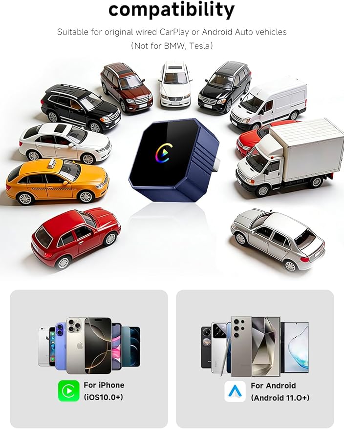 2026 Mini Wireless CarPlay Adapter Upgrade Wired to Wireless for CarPlay & Android Auto Plug and Play Fast Auto-Reconnect Stable Control Zero Delay for iPhone iOS 10+ & Android 11+