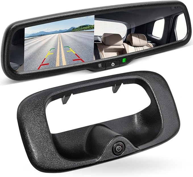 EWAY Tailgate Handle Backup Reverse Camera with 4.3 inch Rear View Mirror Monitor Kit for Chevy Silverado/GMC Sierra Fleet Side Metal Bed 1500 2500 3500 1999-2006 Reversing Parking Camera