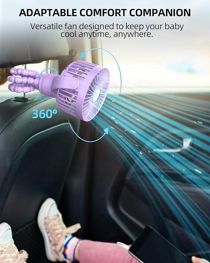 buywoo Portable Stroller Mini Fan, Small Rechargeable Personal Fan, Travel Essentials for Baby, Wagon, Car Seat, Treadmill, Battery Powered Biking Gear Accessories, 360° Rotation, 3-Speed, Display