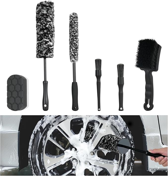6PCS Car Rim Brushes for Cleaning Wheels, Car Detailing Cleaning Wash Brush Set, Stiff-Bristle Rim Brush with Tire Shine Applicator Pad for Cars SUV Tire RVs Trucks Wheel