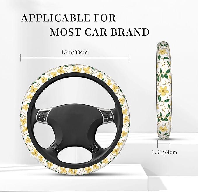 Car Steering Wheel Cover,Yellow Flower Universal Non Slip Wheel Protector 15 Inch Elastic Car Accessories for Men Women