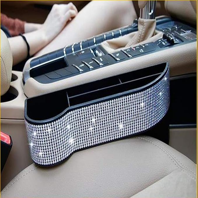 Car Seat Side Drop Organizer, Sparkle Car Seat Gap Filler, Car Seat Console Storage Organizer, Crystal Car Seat Pockets with Cup Holder and Two Charging Ports for Co-Driver.