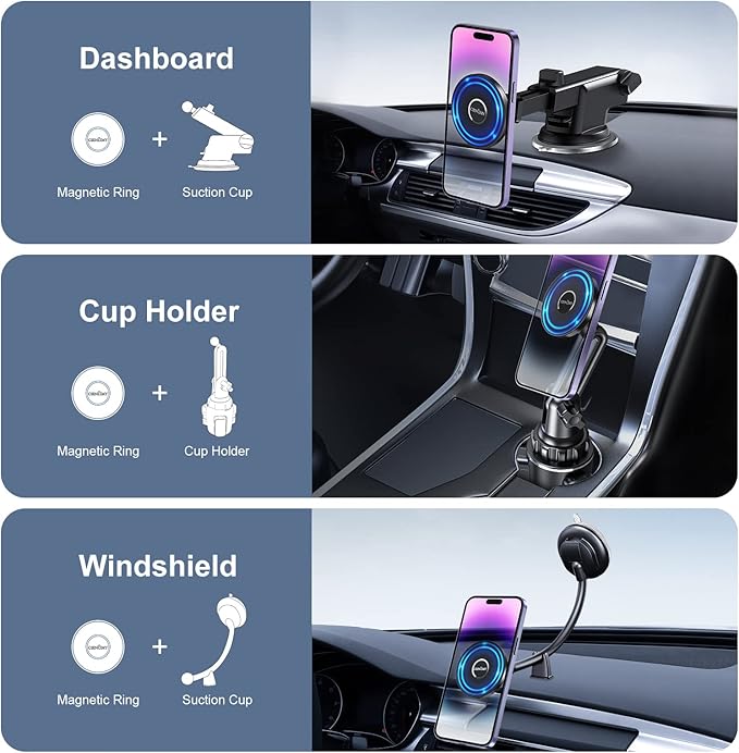 Car Mount Base Designed for MagSafe iPhone 16 15 14 13 12 Series, Only for Diameter 17mm/0.67 inch Universal Joint Ball of Phone Holder, with 2pcs Metal Plate Fit for All Phones