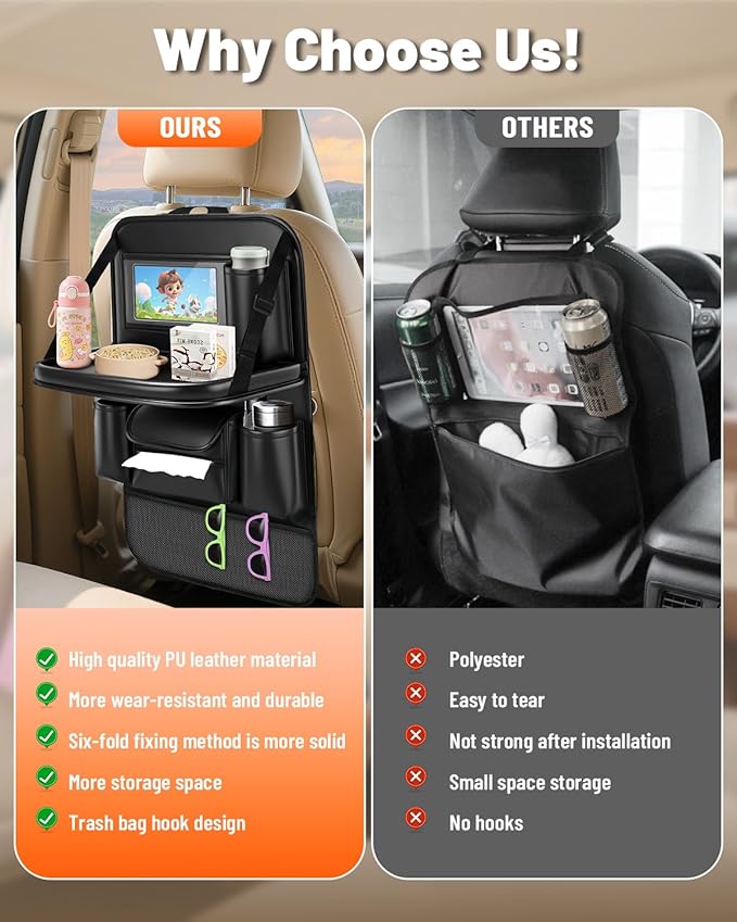 2 Pack Leather Car Backseat Organizer with Foldable Table Tray, Garbage Bag Hook, Protector Kick Mats for Kids, 8 Large-Capacity Pocket, Universal Car Seat Protector for Kids, Pets & Travel