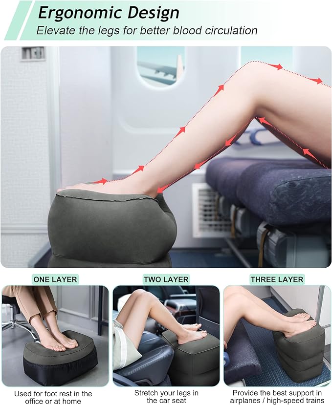 JefDiee Inflatable Foot Rest Pillow, Kids Airplane Bed, Adjustable 3 Layers Height Leg Rest Pillow, Airplane Travel Essentials Great for Airplane, Office, Home, Trains, Cars