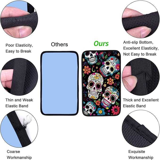 Car Armrest Cover Pads Universal Fashion Cute Auto Center Console Armrest Cover Pad with 2PCS Car Coasters Soft Waterproof Car Armrest Seat Protector for Women Girls, Colorful Skulls
