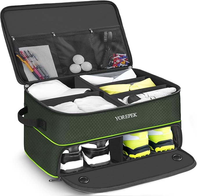 YOREPEK 2 Layer Golf Trunk Organizer, Golf Gifts for Men with Separate Ventilated Compartment for 2 Pair Shoes, Waterproof Car Trunk Locker for Balls, Tees, Clothes, Gloves, Gifts for Golfers
