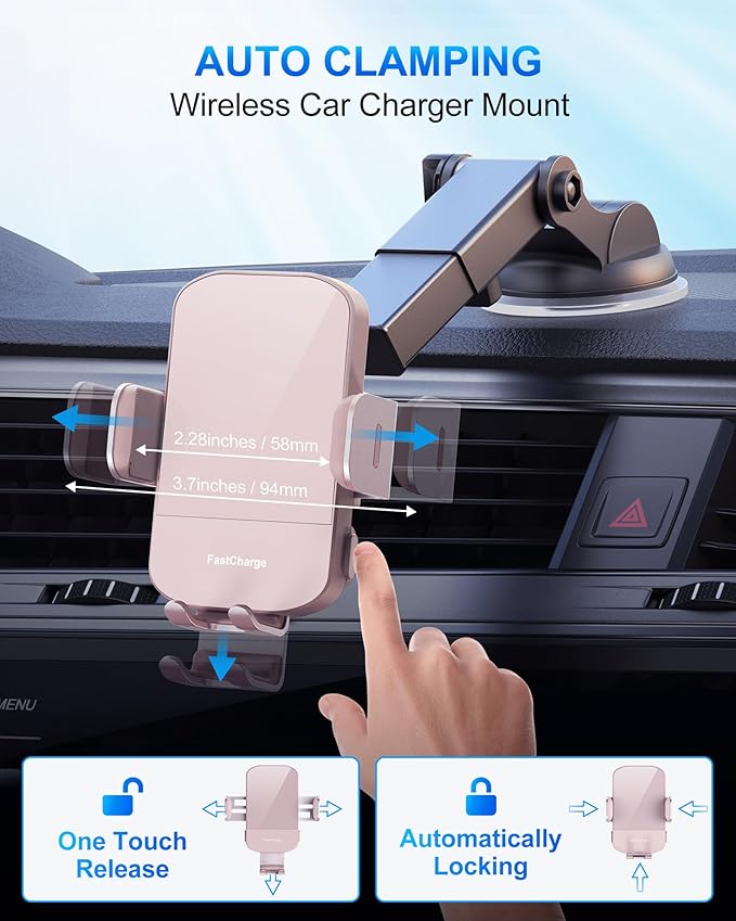 CHGeek Wireless Car Charger, 15W Fast Charging Auto Clamping Car Charger Phone Mount Phone Holder fit for iPhone 15 14 13 12 11 Pro Max Xs, Samsung Galaxy S24 Ultra S23 S22 S21, S20, S10+, Pink