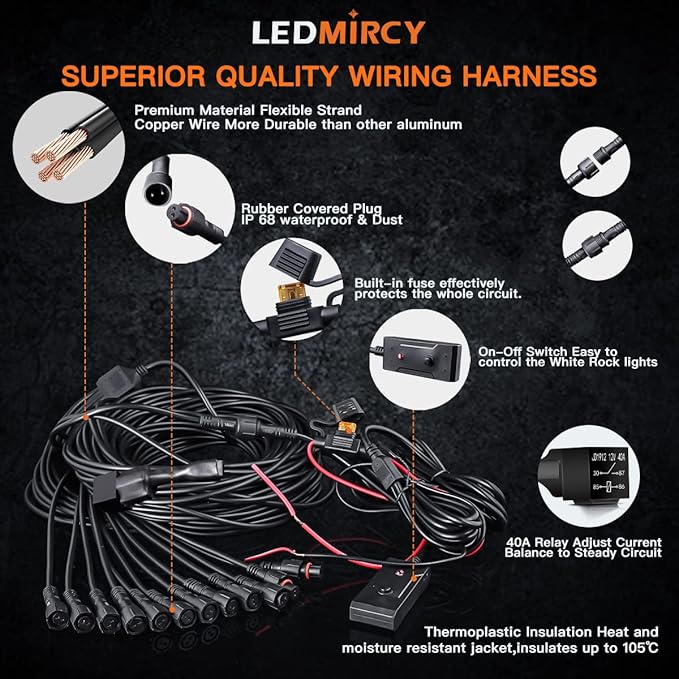 LEDMIRCY R1 Pure White Rock Lights Kit with Switch Wire Harness 12PCS Super Bright LED Rock Lights White for Offroad Trucks ATV UTV SUV High Power Underglow Under Body Light Waterproof Shockproof