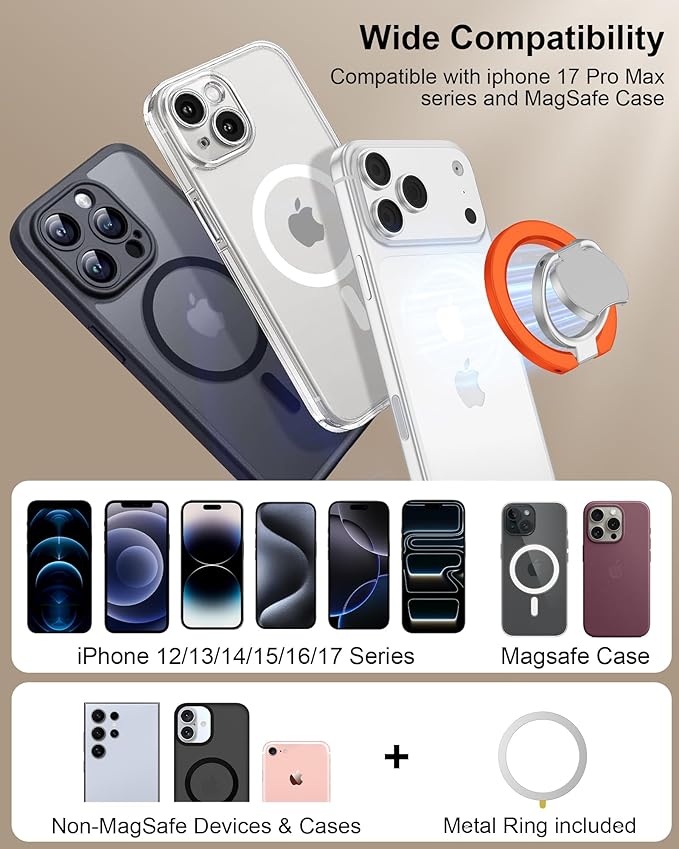 Magnetic Finger Ring for iPhone 17 Pro Max Double-Sided Magsafe Phone Grip with Kickstand Foldable &Rotatable Magsafe Cellphone Gym Loop Holder for Apple 17e 17 Air 16e 16 Pro 16 Plus 15 14 13 12 Mini