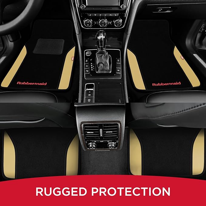 Rubbermaid Car Mats, Carpeted Floor Car Mat with Faux Leather & Built-in Heel Pad, Two-Tone Car Rug Floor Mats, Stylish Carpeted Floor Mats for Cars, Trucks & SUVs Beige Color