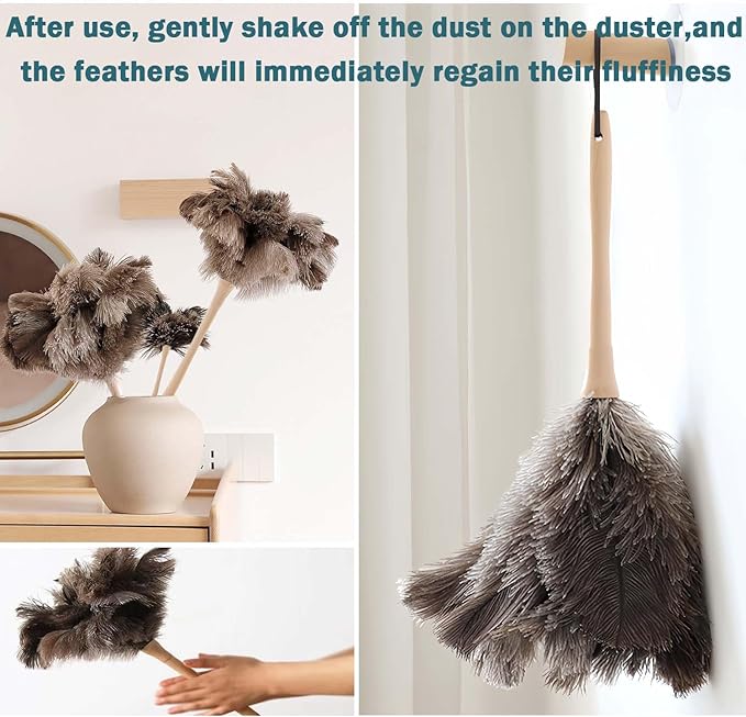 Ostrich Feather Duster for Cleaning-Furniture Dusters with Handle Ddzmz Hand Duster with Fluffy Natural Genuine Feather Reusable Household Duster, Gray and Brown(Length 16")