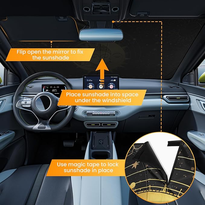 Car Windshield Sun Shade, Reflective Sunshade Blocks UV Rays, Keep Car Interior Cool, Front Foldable Windshield for Hatchback, Truck, SUV, MPV (55x32 inches)