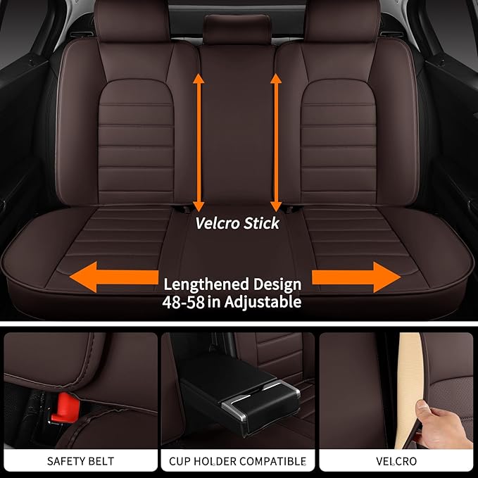 Brown Car Seat Covers Full Set, Universal Faux Leather Seat Covers for Cars 5 Seats, Waterproof Leather Car Seat Covers, Comfortable Automotive Seat Covers for Most Sedans Trucks SUVs