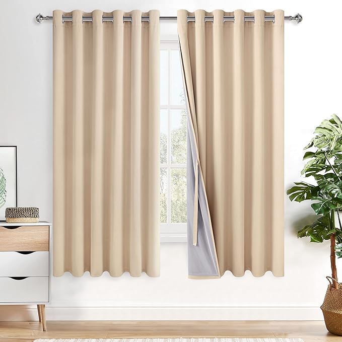 XWZO 100% Blackout Curtains 2 Panels Set - Thermal Insulated Black Liner Curtains, Noise Reducing and Heat Blocking Drapes for Bedroom and Studio Windows with Tiebacks, Biscotti Beige, W70 x L63