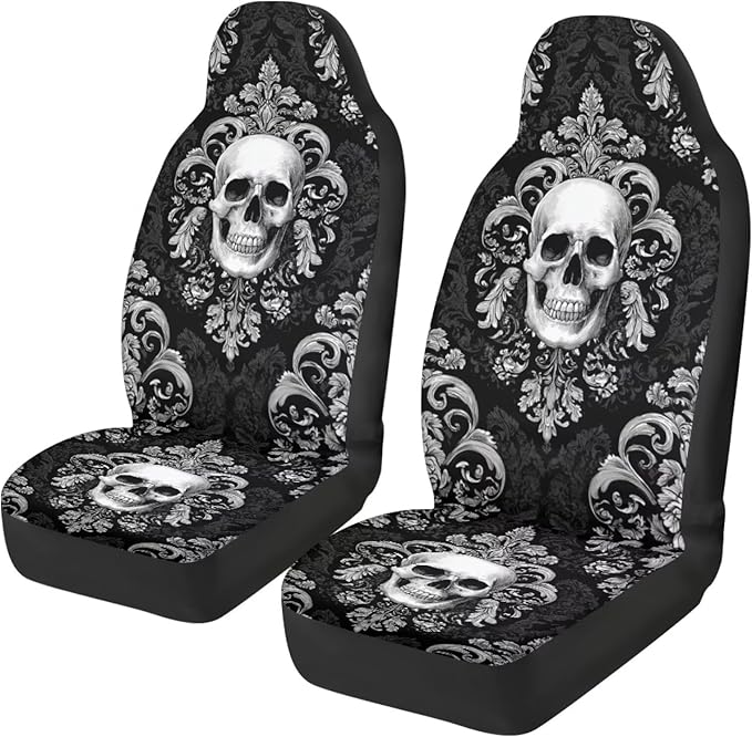 Skull Flower Car Seat Covers Front Seats Only Breathable Stretch Polyester Fabric Cover Easy to Install Car Accessories Universal Fit for Most Vehicle