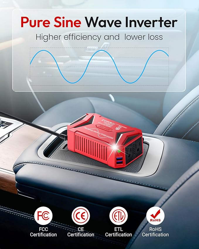 BESTEK Pure Sine Wave Power Inverter - 300W Car Plug in Charger Outlet DC 12V to 110V AC - Cigarette Lighter Adapter 4.8A Dual USB Fast Charging Ports for Laptop - Aluminum Housing - Red