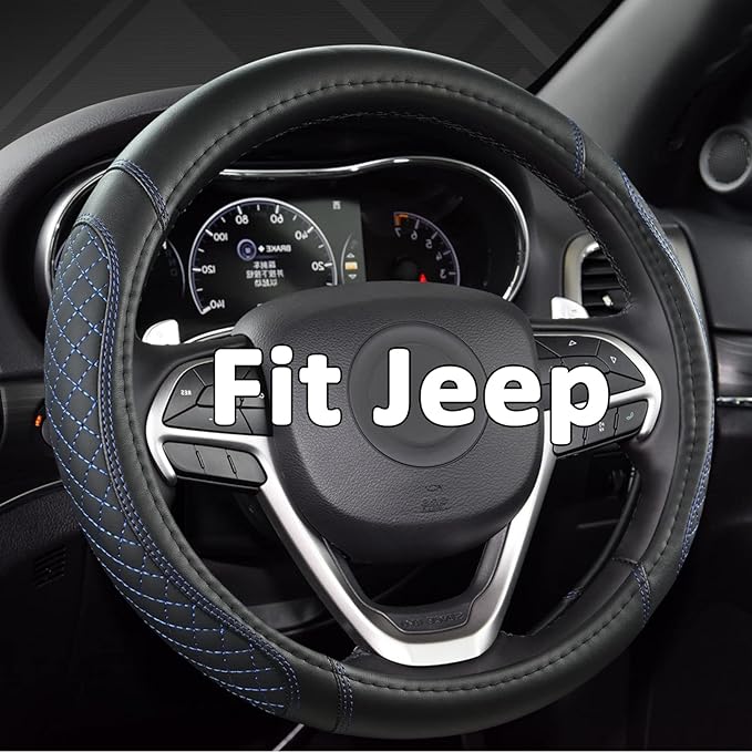 West Llama Customized Auto Car Steering Wheel Cover for Jeep Grand Cherokee,Wrangler,Compass,Gladiator,Cherokee 14.5-15 inches (Diamond Quilted-Black+Blue-Standard Size)