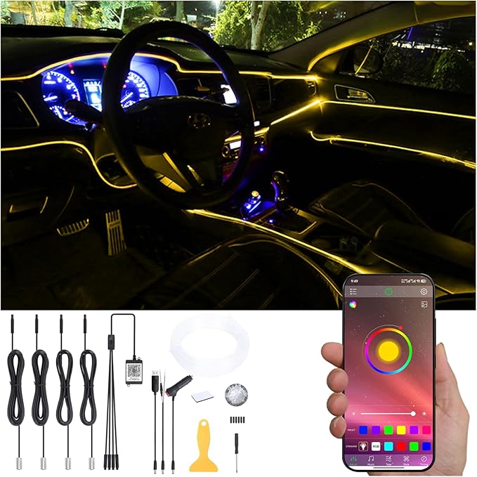 5 Meters Optic Fiber Car Ambient Lighting with Bluetooth App Control 64 Colors Multicoloured Music Interior Lighting Kit DC 12V 1W