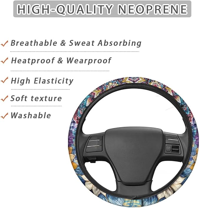 AFPANQZ Car Steering Wheel Covers for Womens Boho Flower Steering Wheel Cover Soft Anti-Slip Rubber Stretch-on Steering Wheel Protector Cover Sweat Auto Accessories Interior Decor