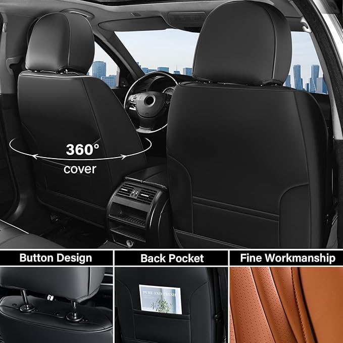 Coverado Leather Seat Cover for Cars, Front and Back Car Seat Protector, Waterproof Seat Covers Full Set, Luxury Car Seat Covers, Automotive Seat Cushions Universal Fit for Most Cars (Black&Brown)
